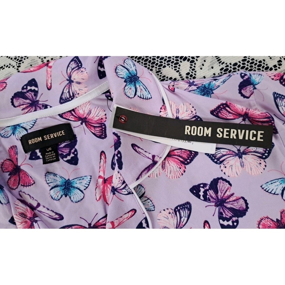 Room Service Sleep Top L Purple Butterfly Print Button Up Soft Pajama Spandex - Picture 5 of 10